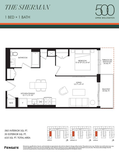 Floor plan for 1 bed, 1 bath, 585 sqft